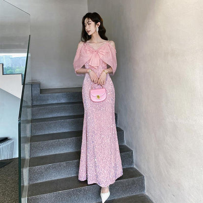Pink evening dress 2025 new style light luxury niche New fishtail skirt female host graduation adult ceremony