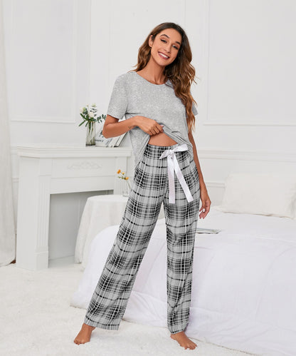 MAOXIANGSHOP 2025Real new products, 2025 New independent stations, solid color round neck T plaid printing women's casual set, loungewear pajamas, women