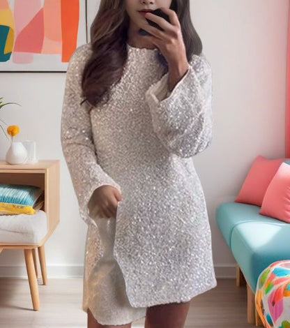 MAOXIANGSHOP 2025 Spring and Autumn Cross-border  Women's Clothing Crew Neck 2025 Long Sleeve Loose Large Size Sexy Sequin Short Dress