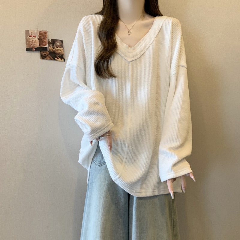 maoxiangshop grunge outfits Plus Size Pit V-neck Long-Sleeved Top for Women 2024 Autumn New Loose Slimming Fashionable Bottoming T-shirt
