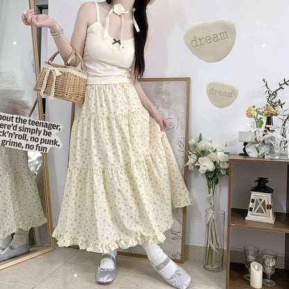 90s fashion Young-Looking Wooden Ear Small Fresh Floral Skirt Women's Japanese Soft Girl Niche Super Sweet Stitching Cake Dress