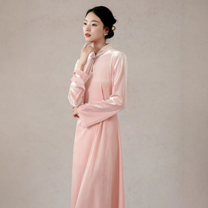 New Chinese style pink long-sleeved spring and summer velvet gentle wind dress improved cheongsam with A-shaped long dress A1129