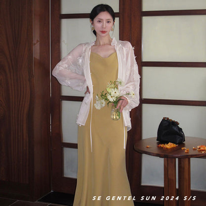 2025 popular spring and summer new Korean version high waist elegant suspender dress swing collar solid color pure desire skirt 8658
