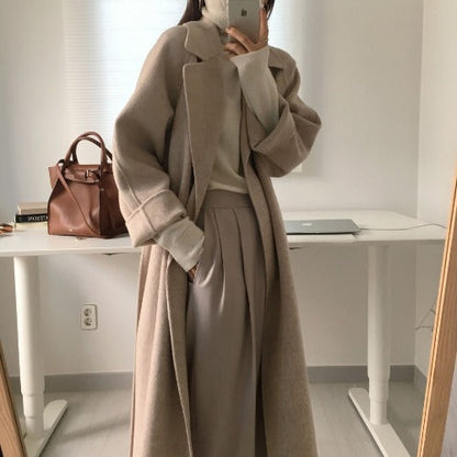 3e53ac 2000s fashion Korean Style Chic Autumn and Winter Clothing French Niche Lazy Woolen Coat Loose Temperament Mid-Length Woolen Coat for Women