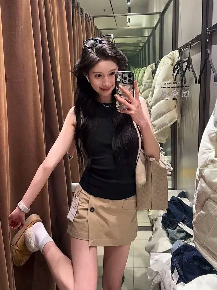 Spice Girl turtleneck knitted sling vest women's summer sleeveless I-shaped elastic slim slim inner top