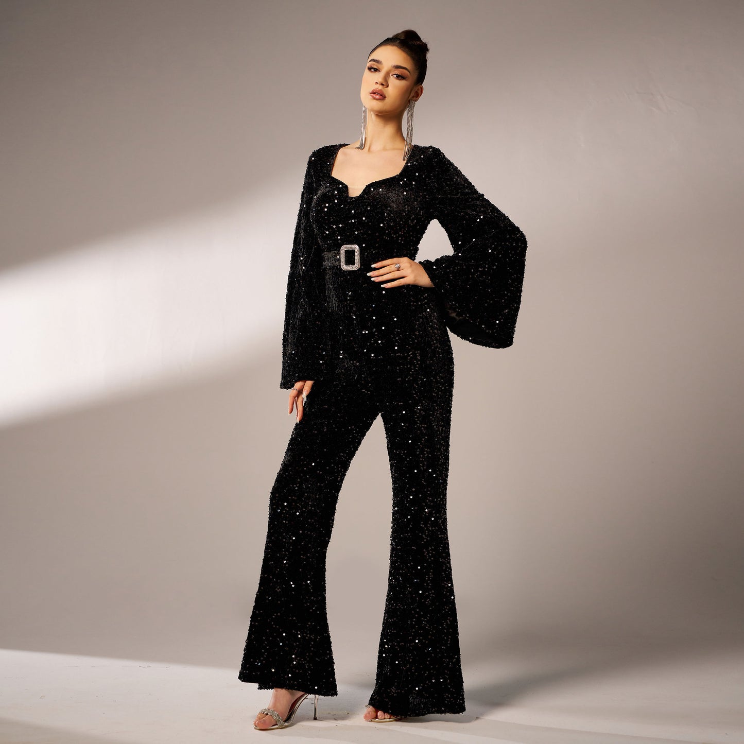 2025 women's clothing Middle East new high-end long-sleeved square collar slim-fit hip-wrapped banquet sequined evening dress jumpsuit