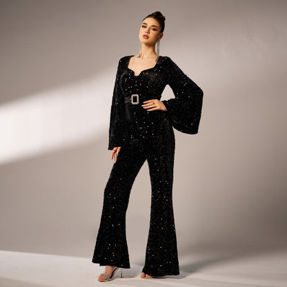 2025 women's clothing Middle East new high-end long-sleeved square collar slim-fit hip-wrapped banquet sequined evening dress jumpsuit