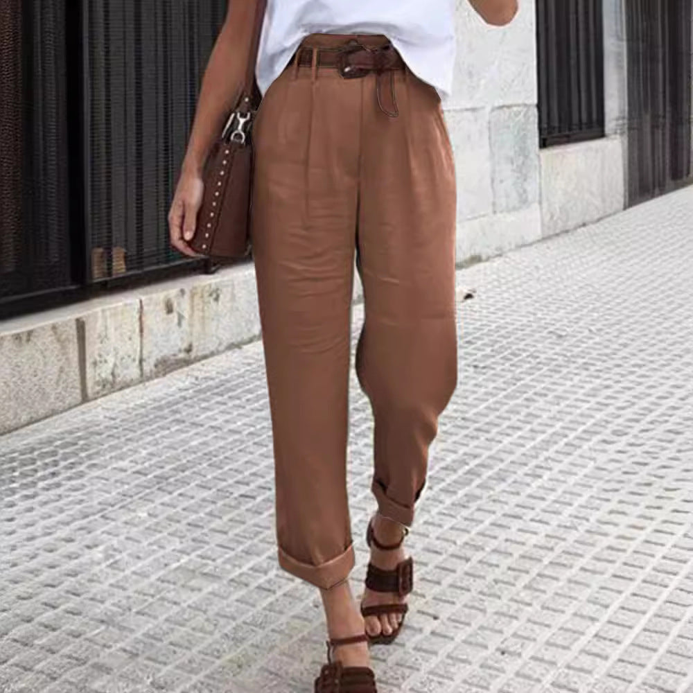 maoxiangshop outfit ideas Spring and Autumn New Women's Pants Cotton and Linen Solid Color Fashion Daily Side Pocket Button Straight High Waist Casual Trousers