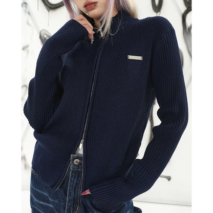 Solid Color Double Zipper Slim-fit Elastic Jacket Women's Spring Stand-Up Neck Knitted Sweater Top Spice Girl Skinny Sweater