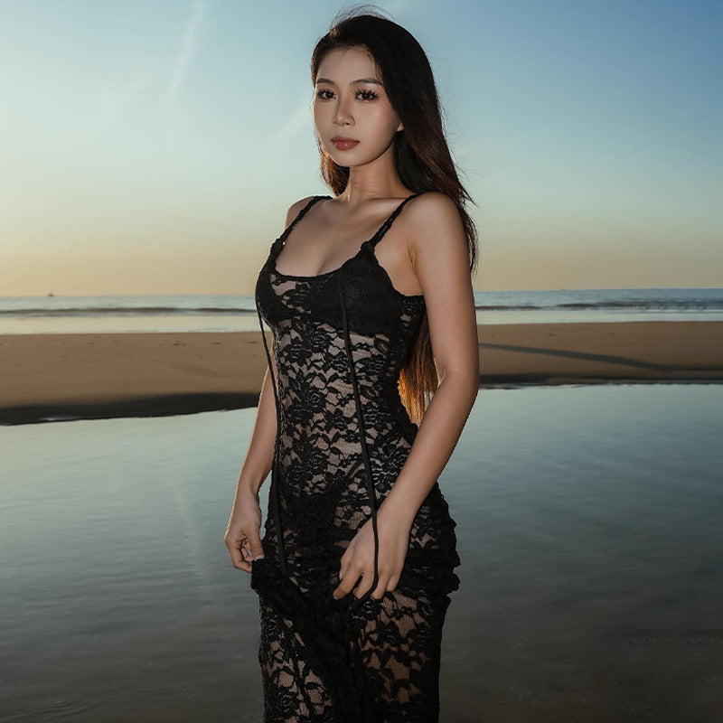 cross-border new women's fashion one-shoulder sexy perspective lace slim suspender dress female