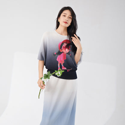 2025 Gradual change t-shirt loose women's bat sleeves round neck loose pullover summer new commuter versatile  top