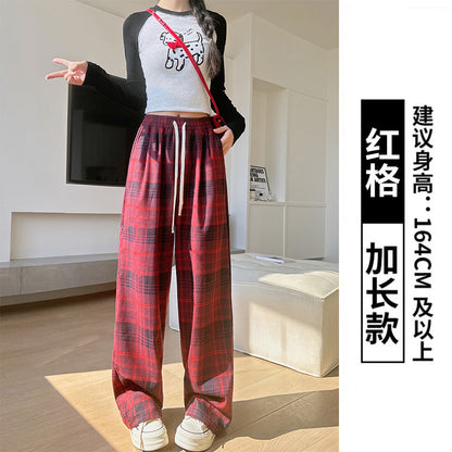 maoxiangshop-shop fall outfits aesthetic Retro Plaid Pants Women's Straight Pants Autumn and Winter New Brushed American Casual Pants High Waist Slimming Narrow Wide Leg Pants