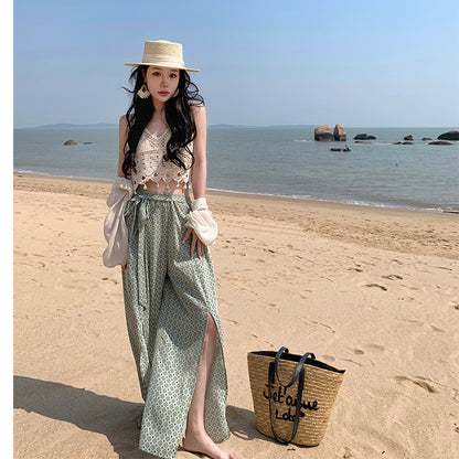 2025 High-waisted wide-leg pants women's summer Yunnan Xishuangbanna vacation culottes drape and elegant floor-mopping trousers open-ended beach pants