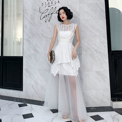 Small white evening dress skirt women can usually wear banquet temperament celebrity light luxury long style simple generous high sense autumn