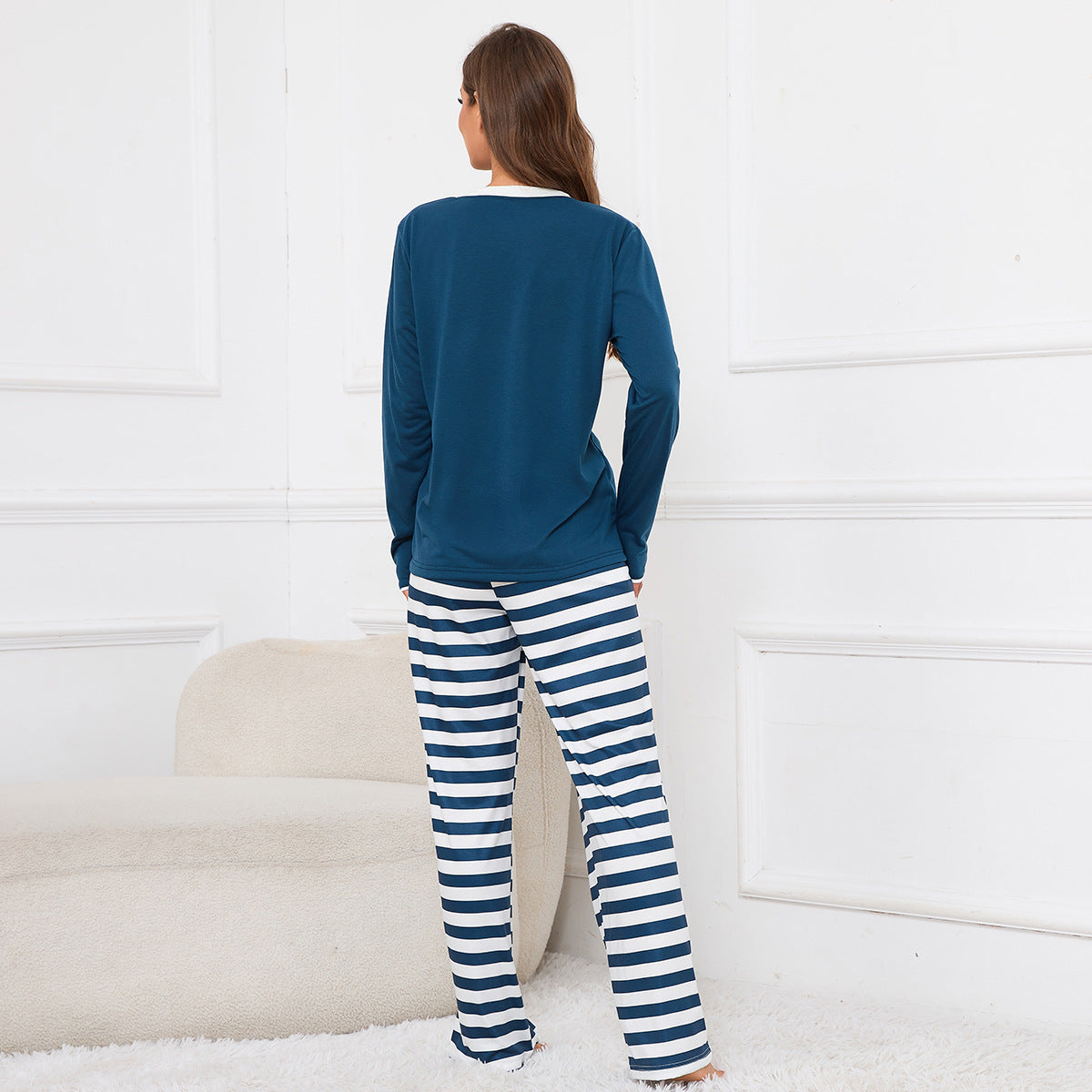 MAOXIANGSHOP 2025Real spot New new round neck long-sleeved top striped printed tether trousers loungewear pajamas set women
