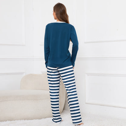 MAOXIANGSHOP 2025Real spot New new round neck long-sleeved top striped printed tether trousers loungewear pajamas set women