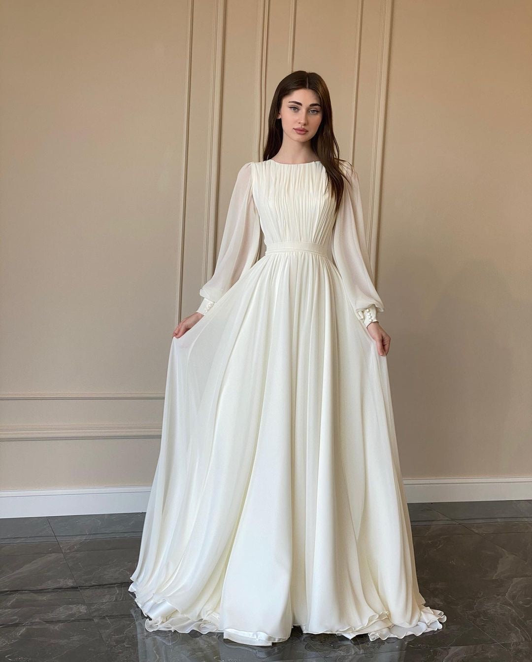 MAOXIANGSHOP 2025 Cross-border Hot Trade Spring and Autumn New Lantern Sleeve Pearlescent Dress White Wedding Dress Crew Neck Dress Long Sleeve Dress