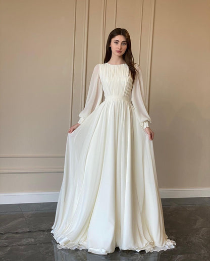 MAOXIANGSHOP 2025 Cross-border Hot Trade Spring and Autumn New Lantern Sleeve Pearlescent Dress White Wedding Dress Crew Neck Dress Long Sleeve Dress