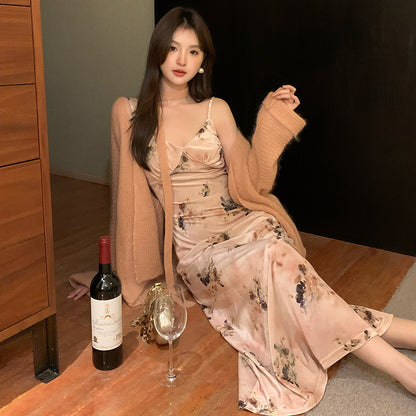 2025 Thirteen Lines popular Autumn New Temperament Printing Pure Desire High Waist Suspender Dress Women 88105