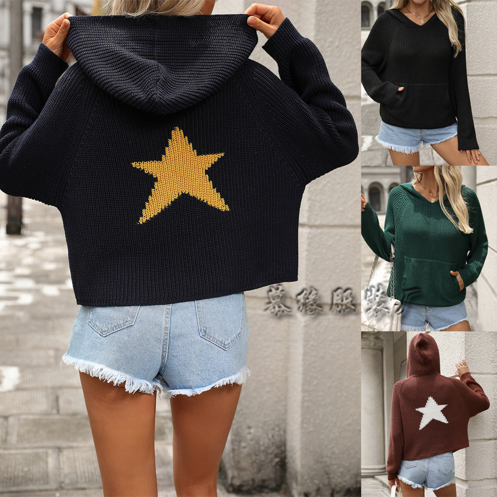 MAOXIANGSHOP New autumn and winter  pullover hooded knitted sweater pocket long sleeve pentagram temperament commuter knitted sweater women