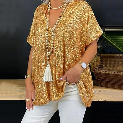 MAOXIANGSHOP 2023 2025 new independent station 2025 new loose sequin V-neck short-sleeved casual sequin deep V shirt