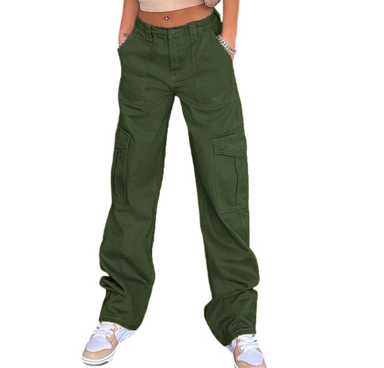 maoxiangshop-shop college outfits Women's Street Fashion Multi-Pocket Workwear Straight Trousers High Waist Slimming Loose Khaki Jeans for Women