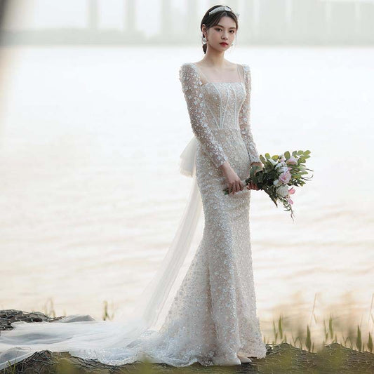 light wedding dress 2025 new bridal temperament simple dress princess style fishtail travel photo wedding dress