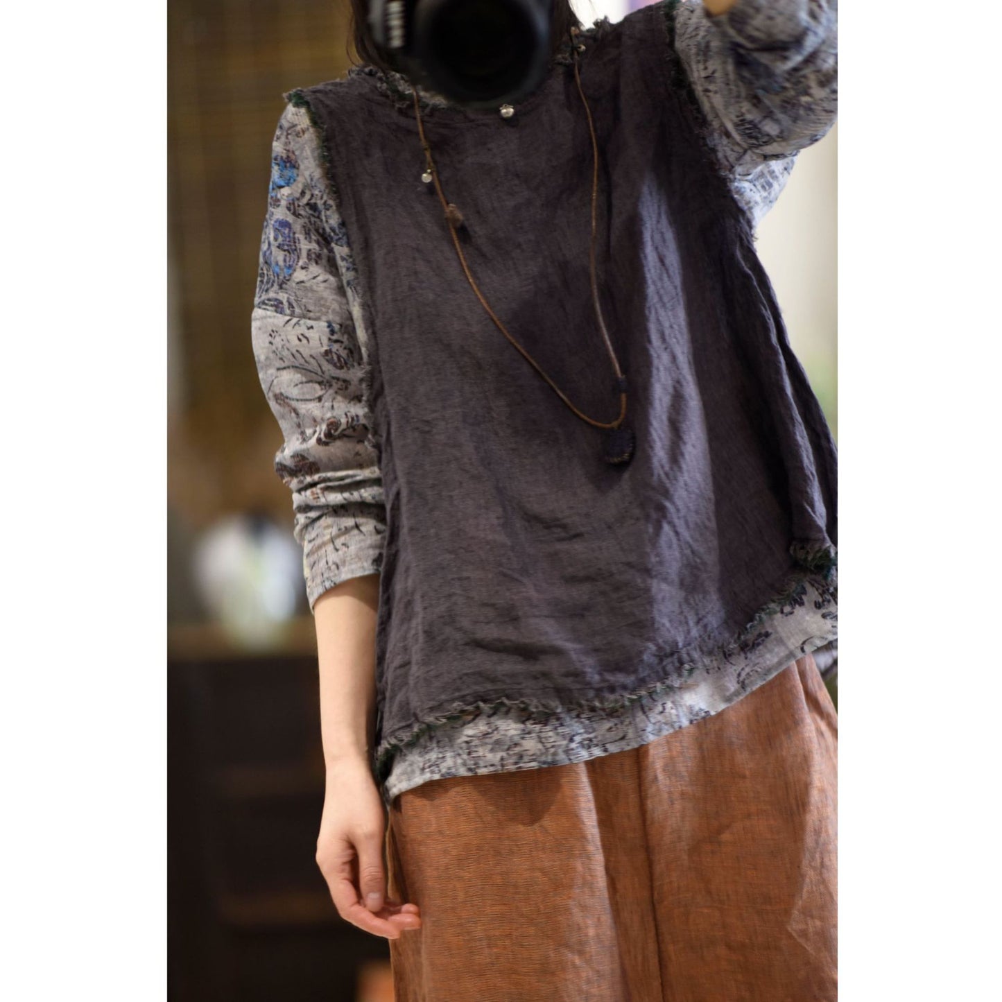 2025 22/3 first bud, spring literary and retro texture linen rough edge loose pullover and vest