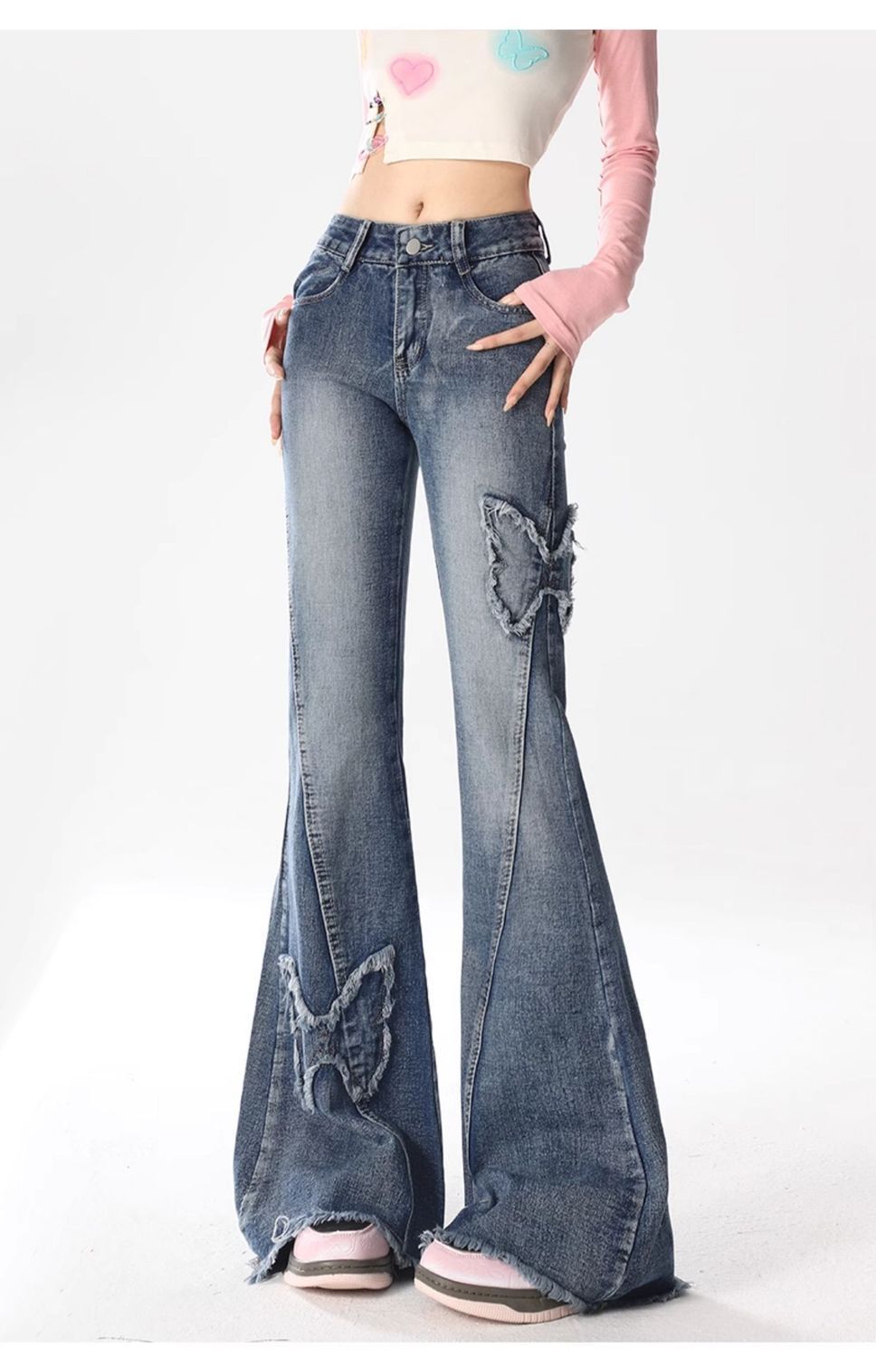 2000s fashion American Retro Butterfly Embroidered Micro Flared Jeans for Women New Popular Design High Waist Mopping Pants