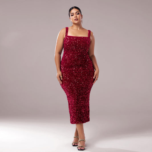 2025 Popular trade  fat mm large size women's clothing medium and long sleeveless banquet sequins fishtail evening dress dress