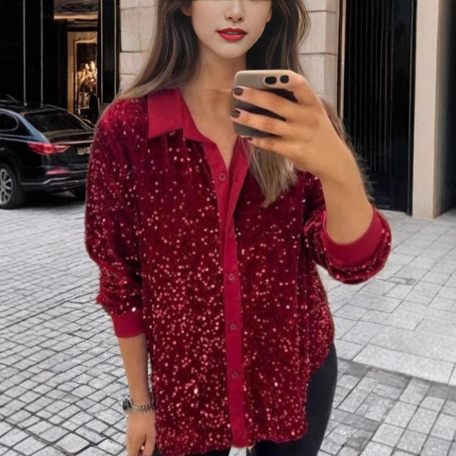 MAOXIANGSHOP 2025 New winter new  independent station 2025 fashion lapel button sequined shirt top women's clothing