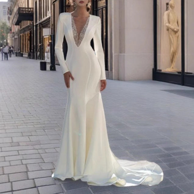 MAOXIANGSHOP 2025 Cross-border Spring Atmospheric Toast Wedding Host White Dress Annual Meeting Banquet Fishtail Long Sleeve Dress