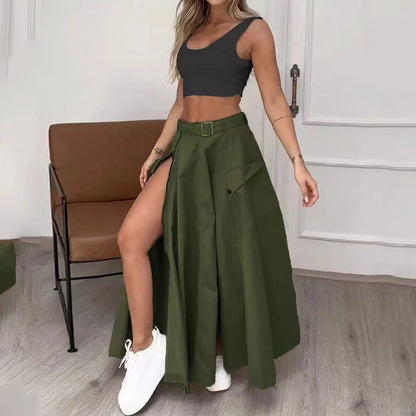 maoxiangshop set 2024 Women's Elegant Sleeveless Vest Solid Color Slit Belt Skirt Two-Piece Set