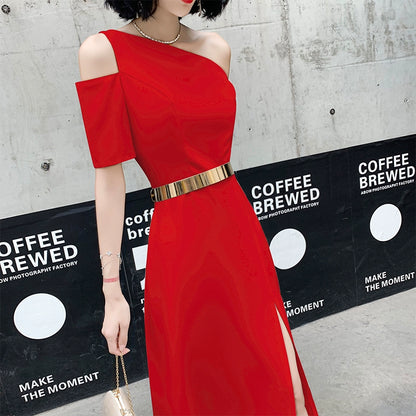 Black one-shoulder evening dress dress women can usually wear banquet temperament long noble aura queen birthday dress