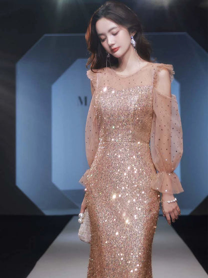 High-end evening dress new  explosion temperament celebrity high sense light luxury niche sequins fishtail host autumn