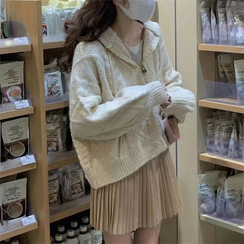 college fall outfits Hooded Horn Buckle Knitted Cardigan Coat Autumn Loose Outer Wear New Design Sense Lazy Style Sweater for Women