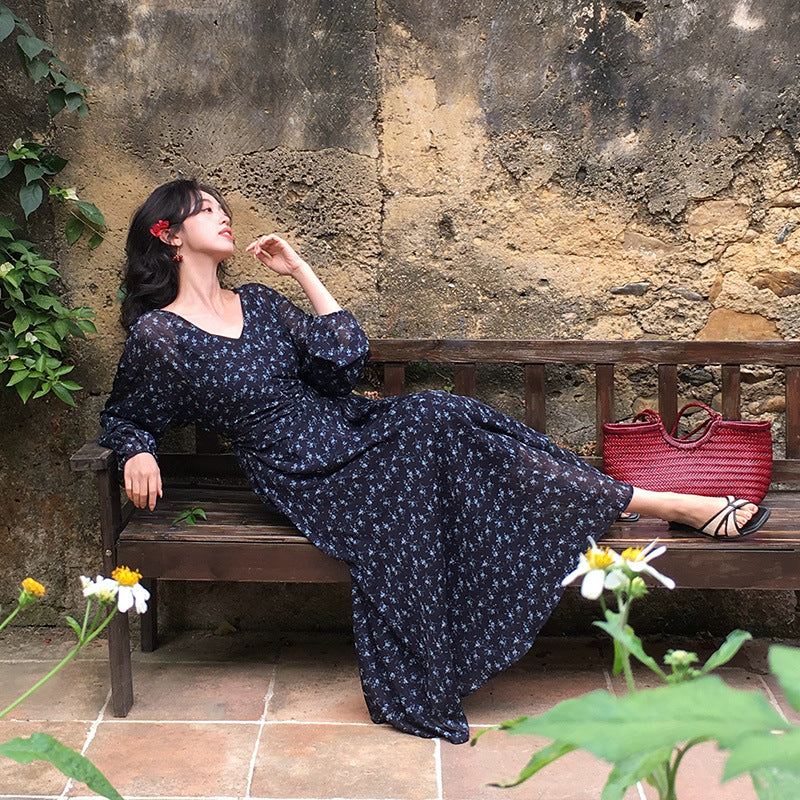2025 Spring New  Temperament Printed Retro High Waist Long Sleeve Skinny Dress 88202