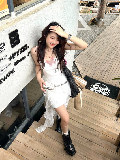 new pure desire Spice Girl style dress irregular hem split long dress sexy lace suspender skirt