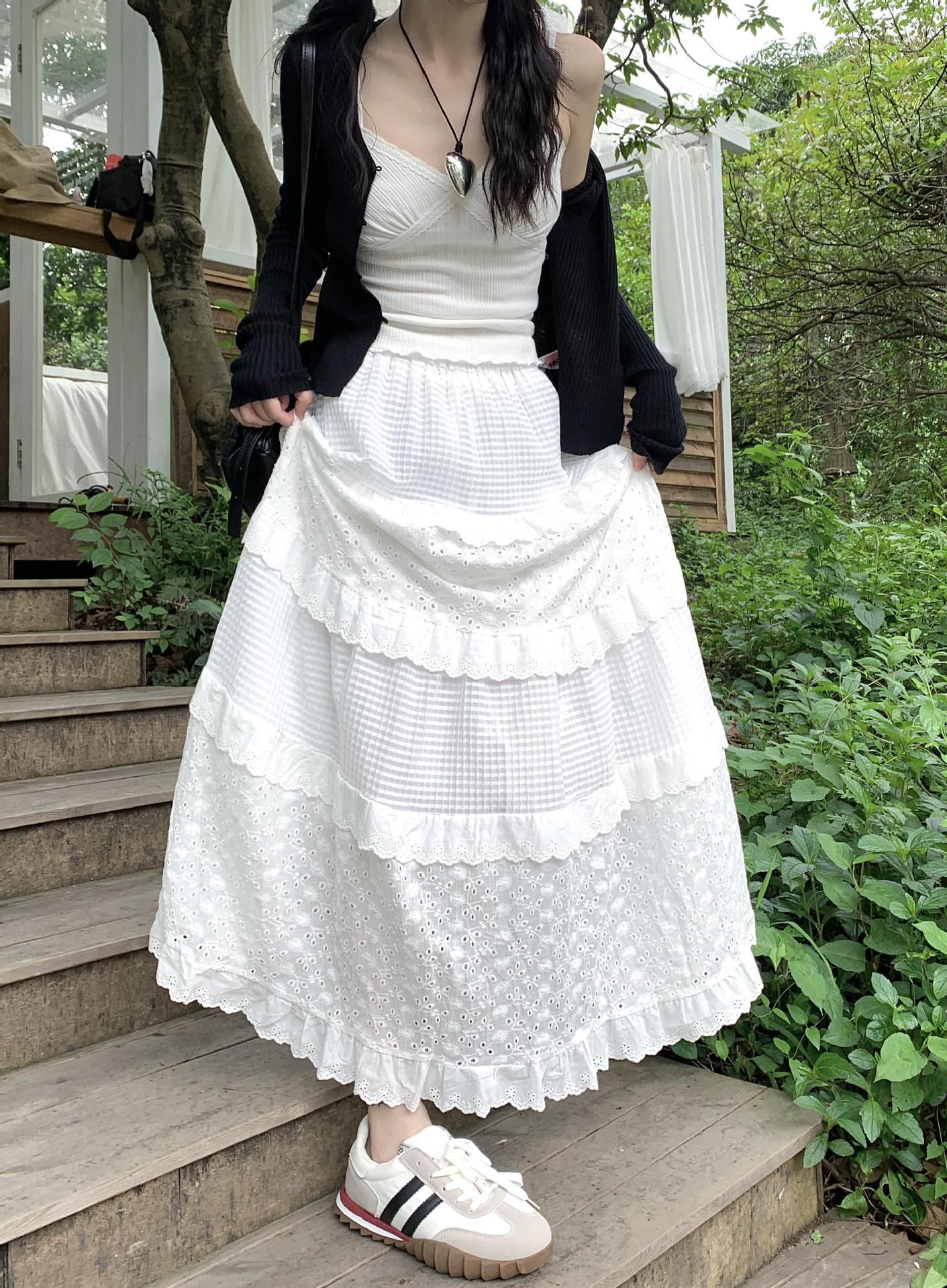 maoxiangshop-shop church outfit White Gentle Style Skirt Women's Early Spring High Waist Umbrella Skirt A- Line Skirt Long Skirt Cake Skirt Design Lace Skirt