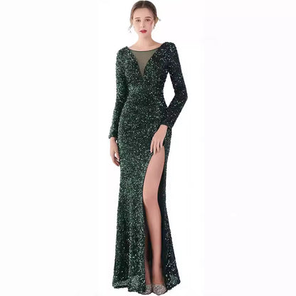 MAOXIANGSHOP popular New solid color chest wrap sequined high waist temperament commuting sweet long dress waist long dress split dress
