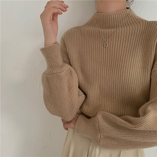 maoxiangshop-shop fall fashion 2024 New Bottoming Half Turtleneck Solid Color Lantern Sleeve Korean Style Knitted Sweater Top for Women