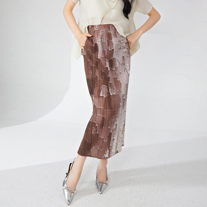 High sense of gradual change pleated skirt temperament elegant high waist hip wrap medium and long design sense after split step skirt