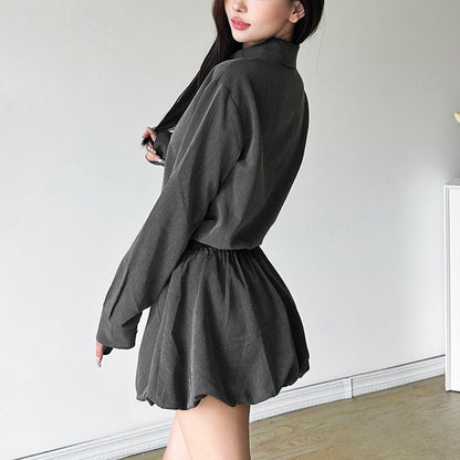 maoxiangshop group halloween costumes Style 2024 Autumn New Women's Clothing Solid Color Slim High Waist Street Fashion Lapel Long Sleeve Dress