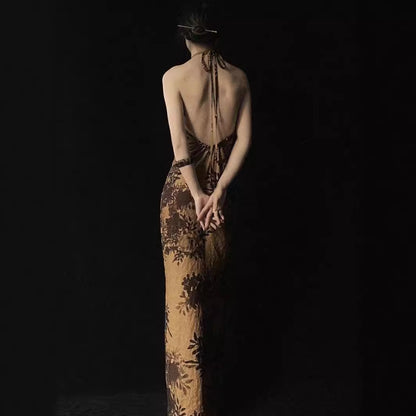 2025 New Chinese Zen national style camellia printing and dyeing backless Buddha beads hanging neck slim improved cheongsam suspender dress women