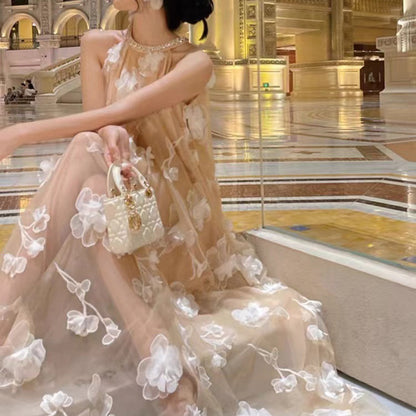 2025 sleeveless neck off-the-shoulder dress women's summer design sense gentle temperament three-dimensional flower dress