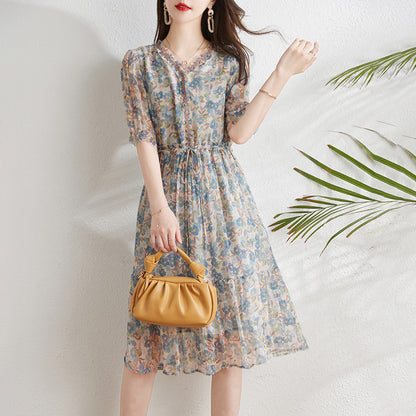 2025 Silk mulberry silk dress, coffee break  floral skirt women's clothing, summer small temperament waist A-shaped skirt