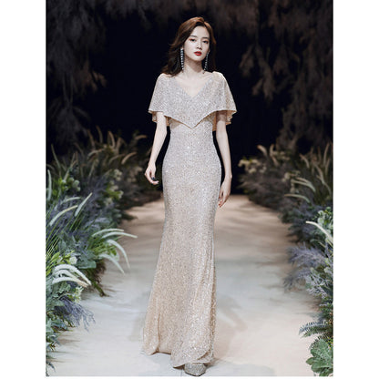 Champagne banquet evening dress sequins 2025 new spring temperament long fishtail dress annual meeting hosting dress