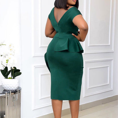 2025 D182 2025 large-size women's clothing popular summer new short-sleeved round neck solid color split-ended tight hip-wrapped Popular trade dress