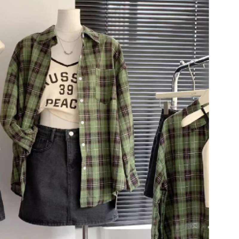 maoxiangshop-shop grunge outfits Women's White and Green Plaid Shirt, Large Loose Plaid Coat for Spring and Summer