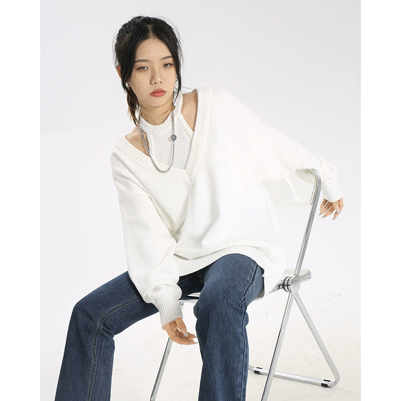 Black Sweater Fashion Set Women's Spring Neck Vest Loose V-Neck Sweater Pure Desire Two-piece Tide Set